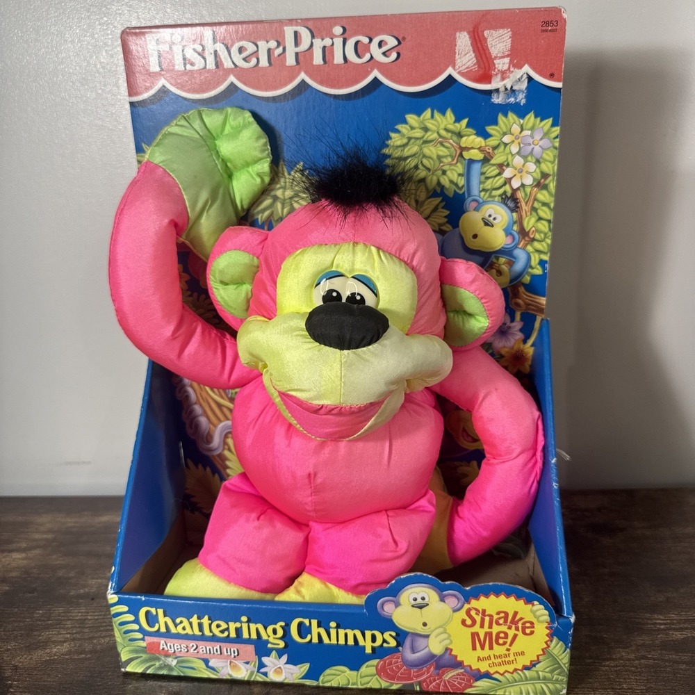Vintage Fisher‎ Price Chattering Chimp Plush Monkey Neon Pink Puffalump New NIB
